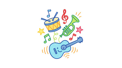Fototapeta premium Colorful cartoon illustration featuring musical instruments and notes on transparent background for creative projects