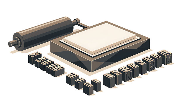 Isometric vector illustration of a vintage printing press with movable type blocks, roller, and paper for typography and publishing concepts.
