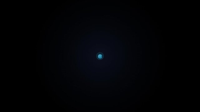 Glowing neon blue email at symbol pulsating inside circles on dark background tech motion clip.