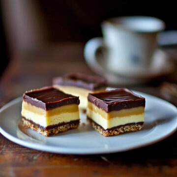 Layered dessert bars with rich chocolate, golden caramel, and creamy filling on a white plate, blurred cup in background