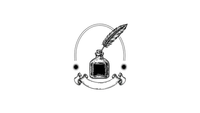 Elegant vintage quill pen inside ink bottle with feather and ribbon decorative illustration design