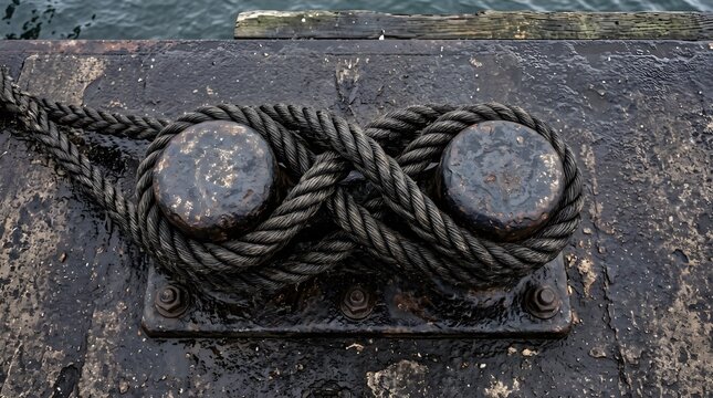 Industrial mooring bollard with heavy nautical rope, weathered metal dock cleat for ship docking, maritime harbor equipment
