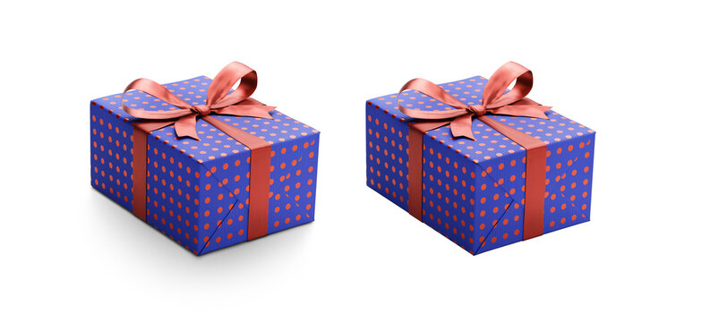 Two blue gift wrapped presents with red metallic spots with red ribbon bows, one with a shadow, one without isolated against a transparent background.