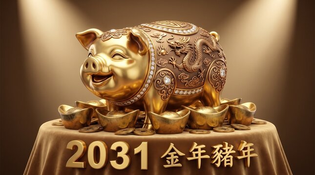 2031 Golden Metal Pig Chinese Zodiac Sitting with Gleaming Coins and Fortune Symbols