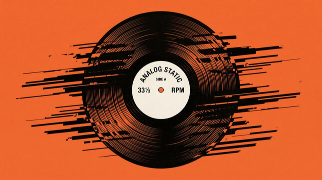 Vinyl record with digital glitch effect on solid orange background for modern music design with effect radiating outward