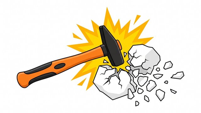 Steel hammer breaking hard white stone with orange flash effect isolated on white background