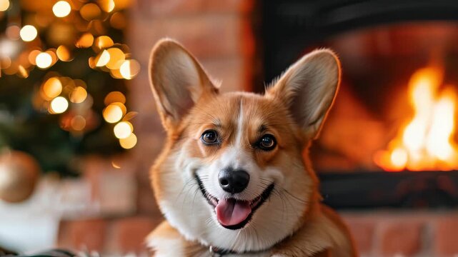 A happy corgi dog sits near a warm fireplace, with a decorated Christmas tree in the background, creating a cozy holiday scene filled with love and joy.