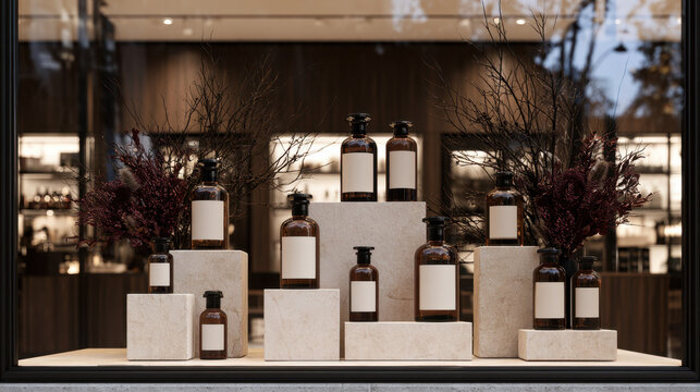 Luxury apothecary window display featuring amber glass bottles with blank labels on stone pedestals surrounded by dried botanical arrangements