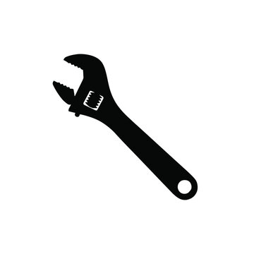 Black silhouette of an adjustable wrench on a white background