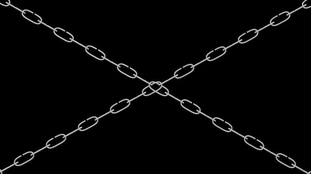 Silver metal chain strands intersecting precisely in a centered X formation on black background