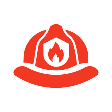 Firefighter helmet vector icon featuring red safety hard hat with flame shield badge for emergency rescue and fire protection.