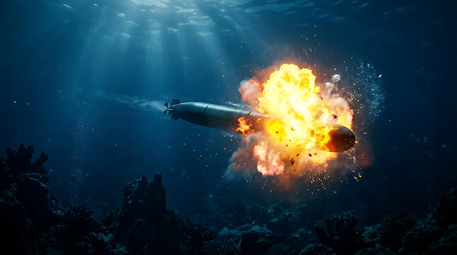Underwater Military Torpedo Exploding in the Deep Dark Ocean During a Tactical Naval Operation