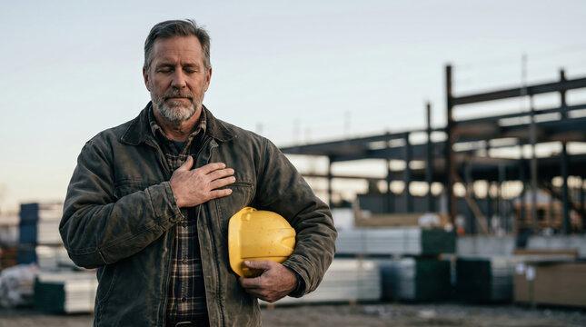 Construction foreman praying on building site holding hard hat. Mature builder with eyes closed expresses gratitude or hope at development project. Spiritual worker in industrial setting.