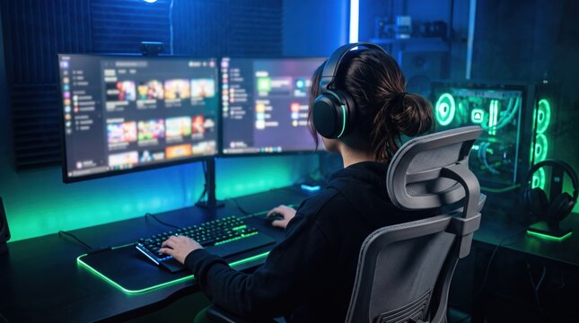 Woman gamer in headset playing video games at dual monitor computer setup. Dark room with neon green lighting and gaming pc. Esports, streaming and home gaming station concept.