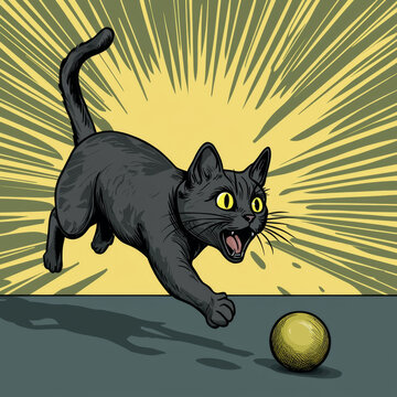 Pop art black cat with wide yellow eyes and open mouth pounces playfully at a yellow ball against a dynamic, radiating background