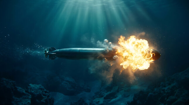 Underwater torpedo explosion with a submarine sailing through the ocean depths