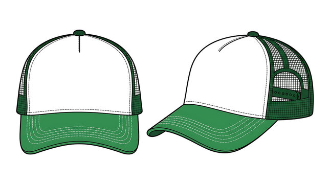 Front and Side View Vector Illustration of a Classic Two Tone Green and White Trucker Cap Design