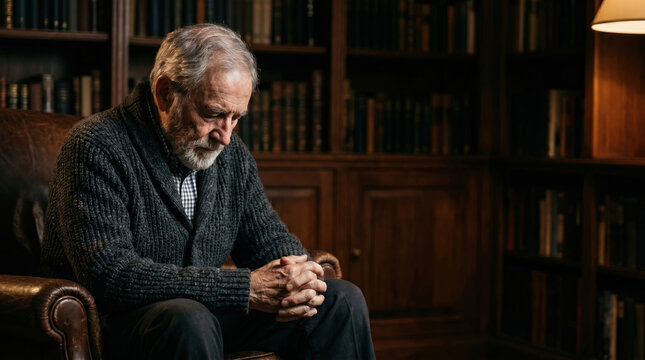 Senior man sitting in armchair and praying with hands clasped. Elderly caucasian man meditating in library. Religious devotion, faith, spirituality and hope in quiet home interior.
