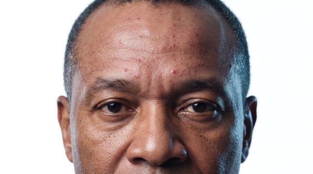 Close up of a mature African American man's forehead with acne, rash, or folliculitis bumps