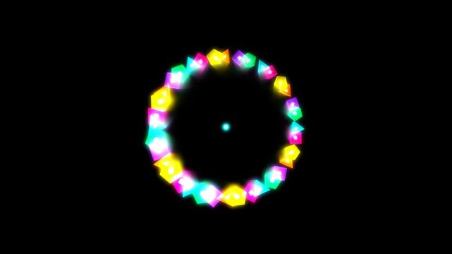 Colorful geometric symbols arranged in a glowing circle pattern isolated on transparent background