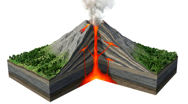 Detailed volcano diagram showing internal cross section of magma chamber and geological layers