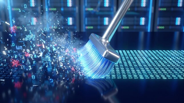 Cleaning digital data with a broom in a server room