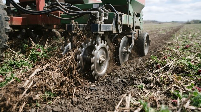 Agricultural seed drill metal disk blades cutting through field stubble with farming machinery farm equipment crop production agriculture industry mechanized farming sustainable farming agronomy