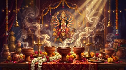 Obraz premium Spiritual altar setting with burning incense and lamps during Durga Puja