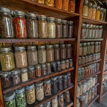 Rows of glass jars filled with diverse dried spices, herbs, and grains are neatly arranged on rustic wooden shelves