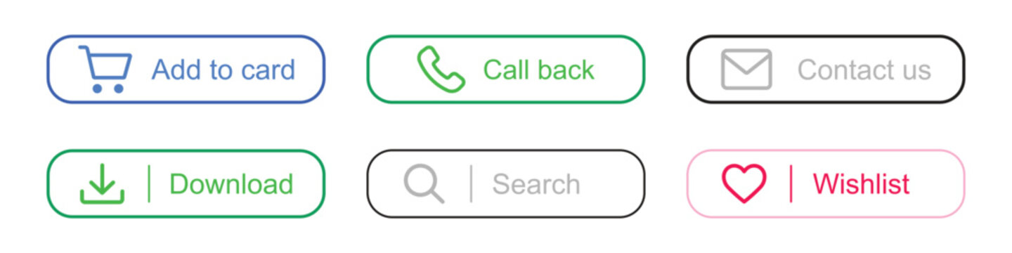 Outlined ecommerce interface buttons for shopping, callback, contact, download, search and wishlist actions in a clean vector style