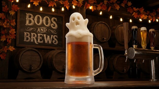 A frosted beer mug filled with amber liquid features a foam ghost for a halloween celebration ale