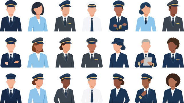 Avater Icon Commercial flight crew character set. Airlines and aircraft staff illustrations for pilot and cabin attendant aviation industry transport design vector isolated on White Background