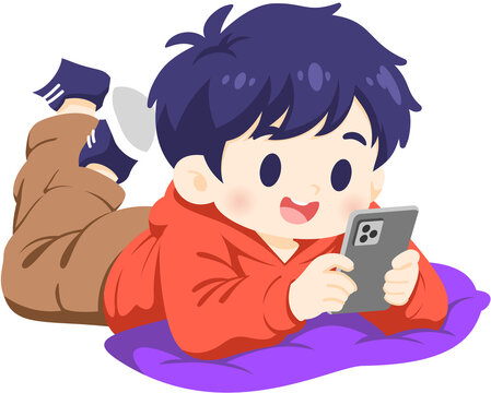 Happy Boy Playing Game on Phone Lying Down