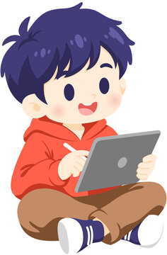 Happy Boy Using Tablet with Stylus