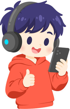 Boy with Headphones and Phone Giving Thumbs Up