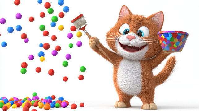 Smiling cartoon cat with paintbrush and colorful bucket, surrounded by falling and scattered vibrant balls on a white background