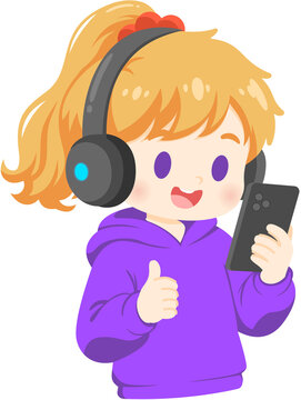 Girl with Headphones and Phone Gives Thumbs Up