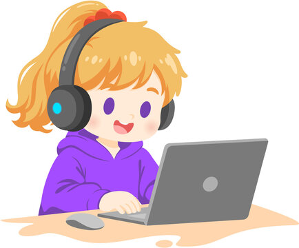 Child with Headphones Uses Laptop