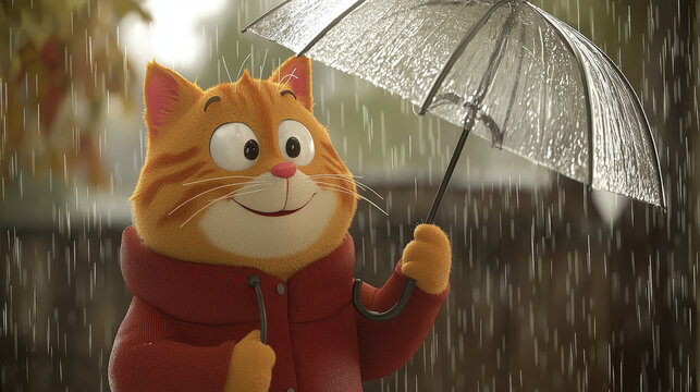 Smiling fluffy orange cat in a red coat holds a wet transparent umbrella during a heavy downpour