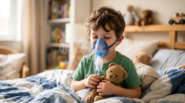 Little boy breathing through nebulizer mask while sitting in bed with teddy bear. Sick child receiving inhalation treatment at home in cozy bedroom.