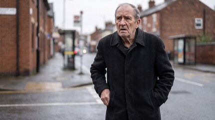Fototapeta premium Confused senior man standing alone on wet town street. Elderly male looks lost and worried, showing disorientation and memory loss.