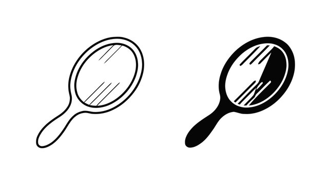 Vector illustration of set of hand mirror icons, outline and silhouette style on a transparent background