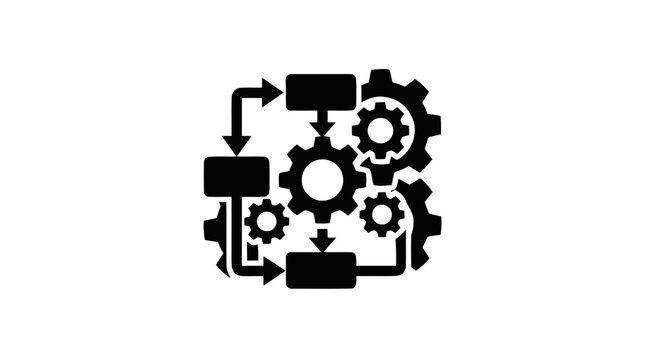 Vector illustration of process workflow icon with gears and flow chart on a transparent background
