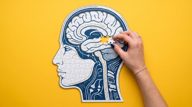 Woman hand placing missing puzzle piece into human head with brain on yellow background. Concept of memory loss, dementia and mental health.