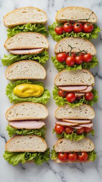 Top view pattern of sliced sandwiches on board