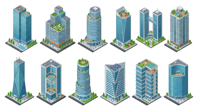 Modern isometric skyscraper collection, architectural design, city buildings illustration