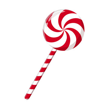 Classic red and white swirl Christmas lollipop on a striped
stick isolated on white background. Sweet peppermint candy vector illustration for holiday decoration.