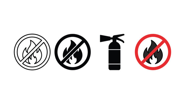 Set of vector fire safety icons with no fire signs and a fire extinguisher symbol