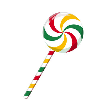 Multicolor red, yellow, and green swirl Christmas lollipop isolated on white background. Cute holiday peppermint sweet vector illustration for festive cards