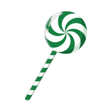 Green and white swirl Christmas lollipop on a striped stick isolated on white background. Festive holiday peppermint candy vector clip art for Xmas decoration.